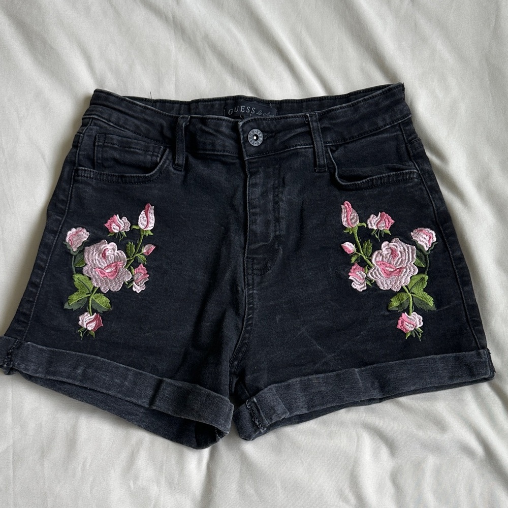 GUESS Black Jean Shorts with Pink Floral Embroidery